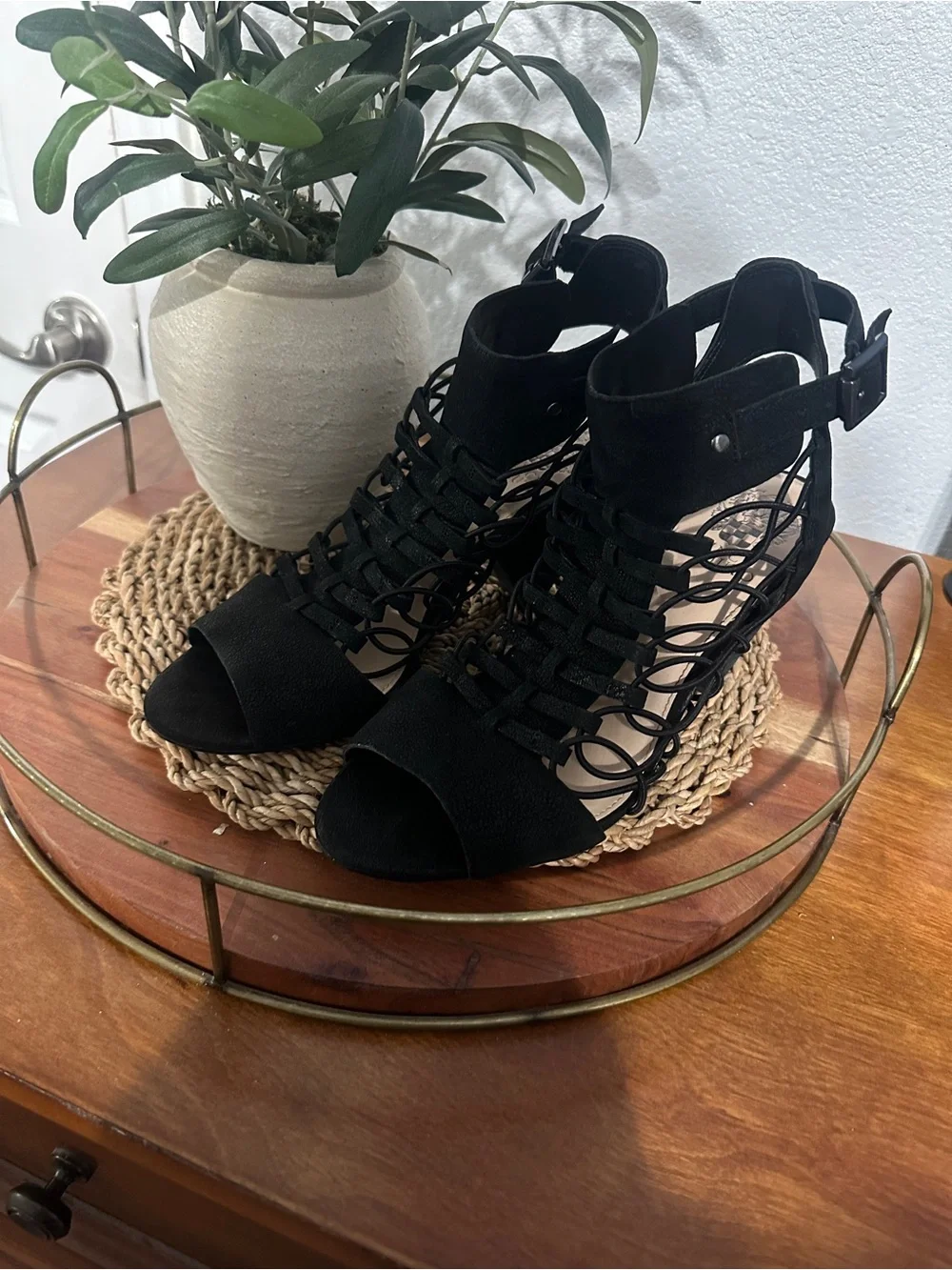 Vince Camuto Black Strappy Cage High-Heel Sandals With Ankle Strap